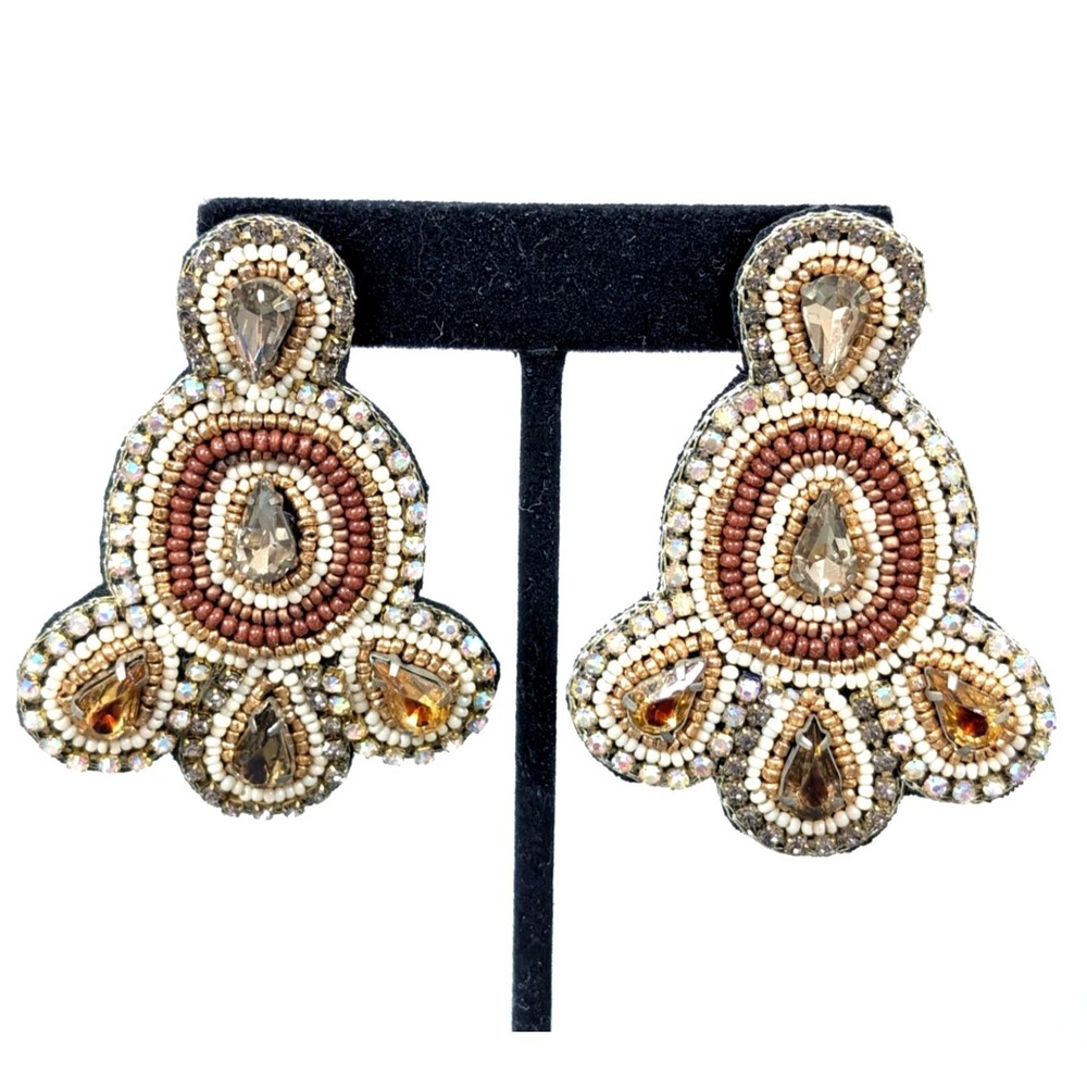 Golden BEige Rhinestone Glass‎ Seed Bead Long Drop Statement Earrings Boho